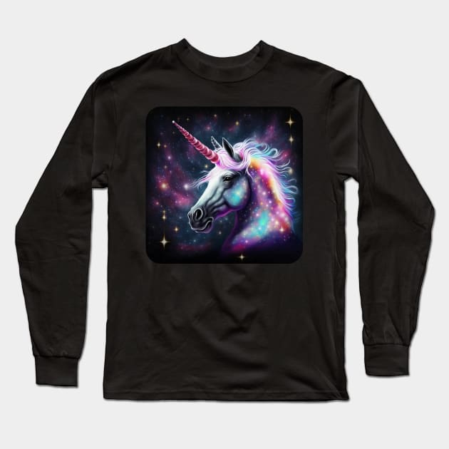 Cool Glittery Space Unicorn Long Sleeve T-Shirt by MythicPrompts